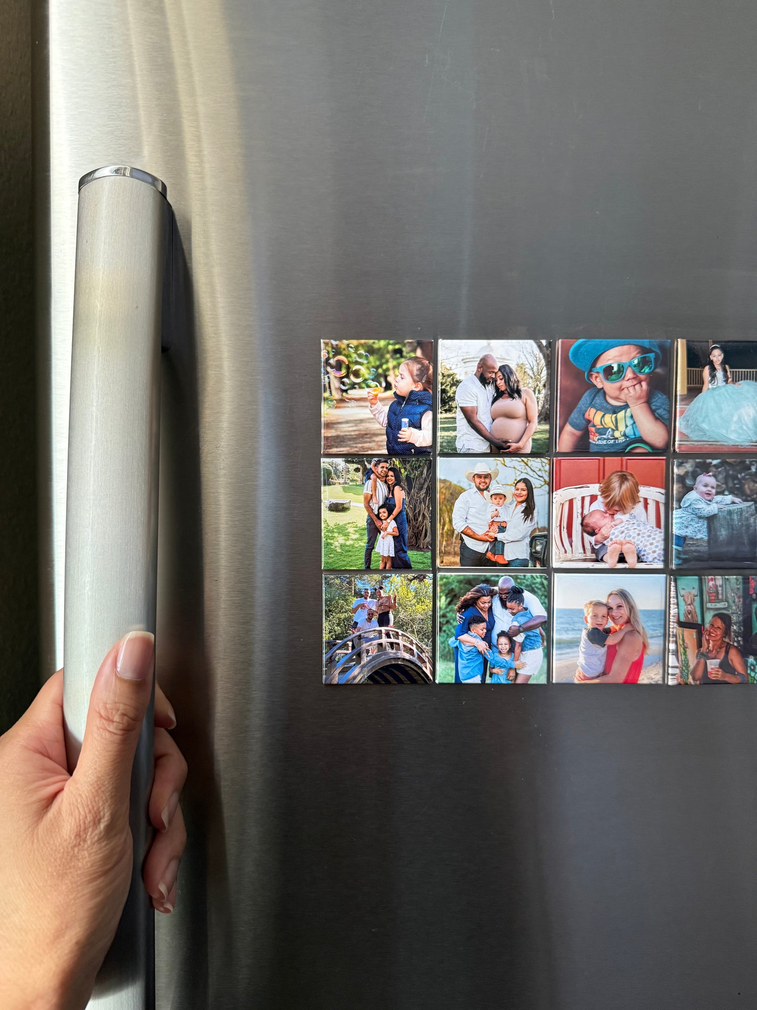 Set of square photo magnets on a refrigerator door